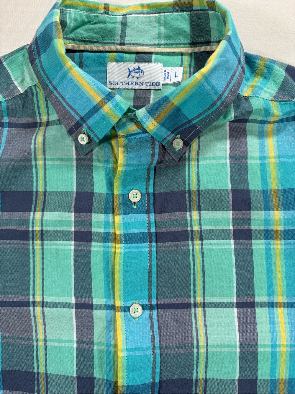 Southern Tide Mens Large Plaid Long Sleeve Button Down Shirt Teal Green Blue